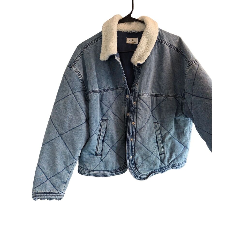 Nicole Miller New York Quilted Denim Jacket Sherpa Fleece Collar Blue Size L